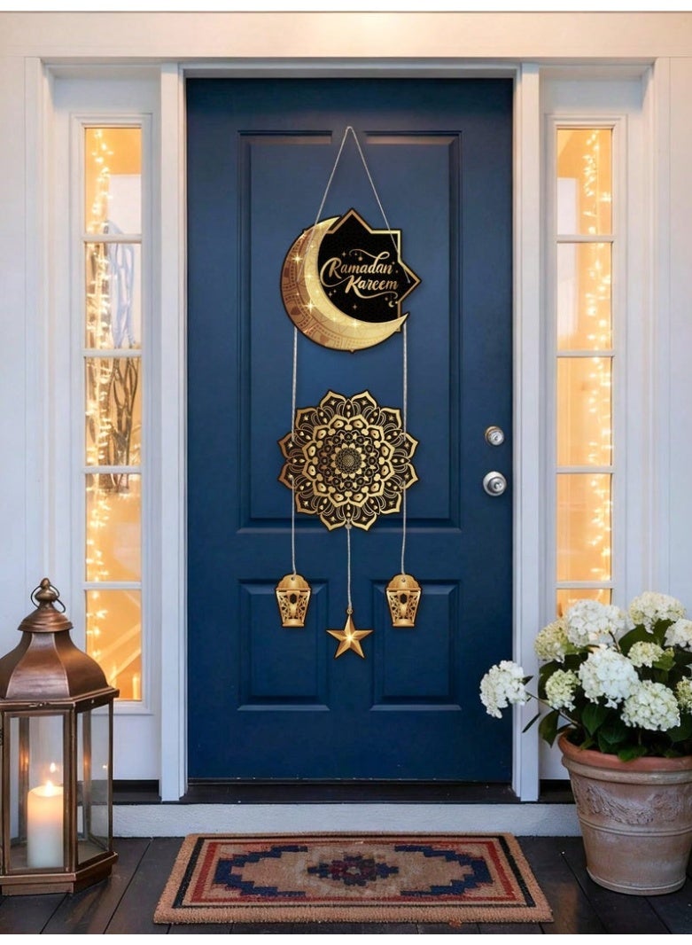 رمضان كريم باب معلق الديكور مع فانوس القمر والنجم للديكور المنزلي - Image 3